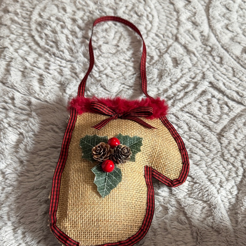 Festive Burlap Christmas Mitten Ornament